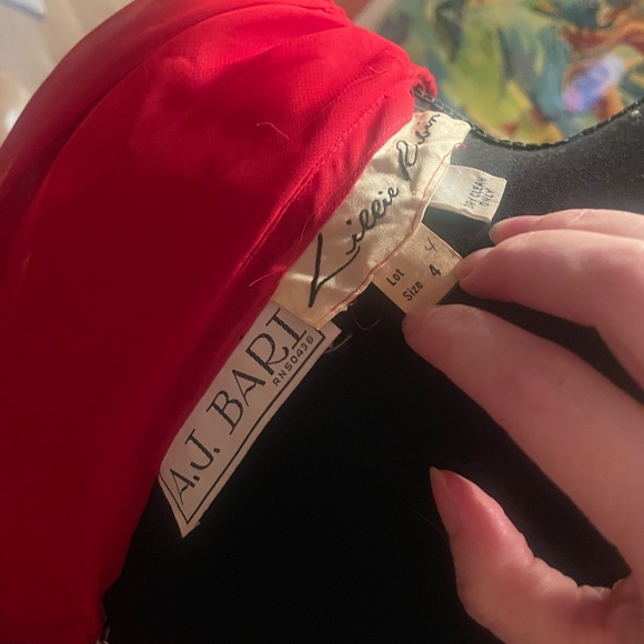 Vintage 70s Lillie Rubin AJ Bari red midi chiffon dress with sparkly floral belt - Picture 3 of 7